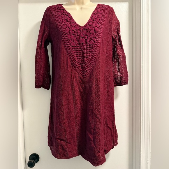 Xhilaration Burgundy Lace V Neck 3/4 Sleeve Dress Medium - Picture 13 of 13